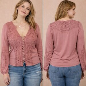 Gimmicks Rose Pink Lace Up Boho Festival Long Sleeve Top Women XL